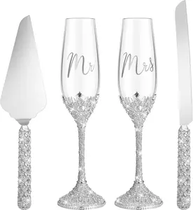 4 count Wedding Cake  and Champagne Flutes Server Set, Toasting  Rhinestone Champagne Flutes Glasses Cake  Pie Server Wedding Gifts for Couple Bride Groom()
