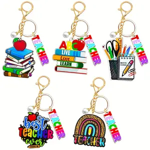 Set of 5 Back--School Keychain for Teachers, Including Key Rings Suitable for Both Men And Women Teacher Appreciation Keychain Set, Acrylic Teacher Charm Key Ring, Best Teacher Ever Bag Accessory Gift
