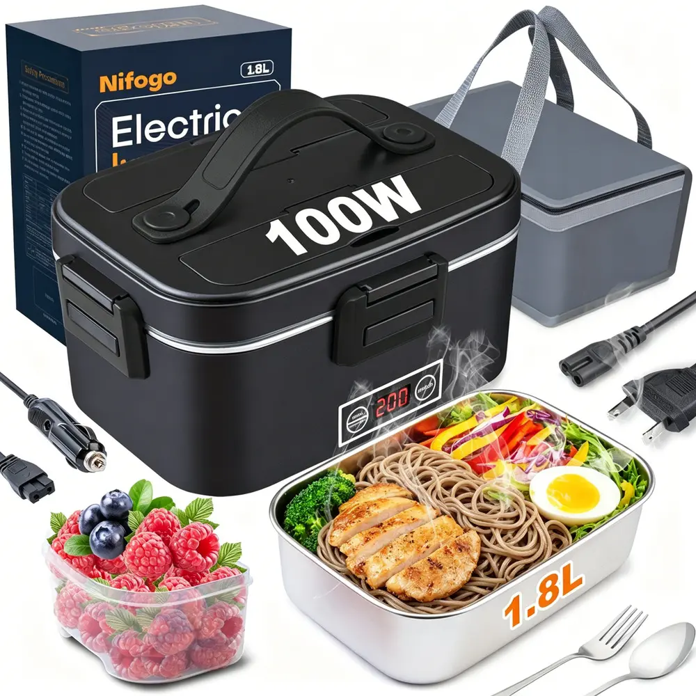 Heated Thermal Insulated Electric Lunch Box with Detachable Cleanable Liner, 80-100W Food Warmer, 1.5-3.5L Capacity, Multi-Voltage Universal Power, Cutlery Bag for Office & Camping Packed Lunch, Heated Lunch Box