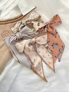 Women's French Style Vintage Floral Striped Print Scarf & Hairband Set, Fashion Hair Scarves, Perfect for Casual, Elegant, Daily Wear, Gifts