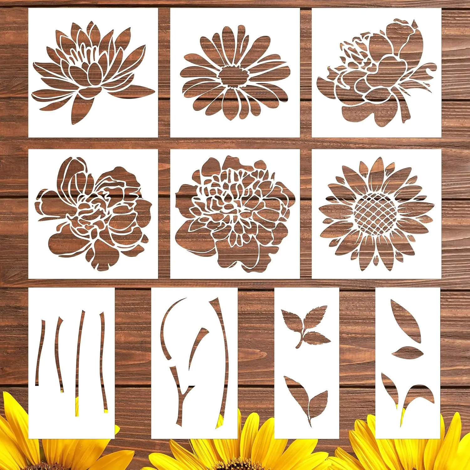Large Flower Stencils - 10 count for Painting on Walls &  Fence - Sunflower & Peony Designs