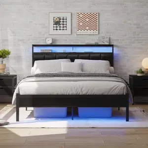 Full Size Bed Frame with Charging Station and LED Lights, Black Upholstered Headboard with 2-Tier Storage Shelves, Metal Bed Frame with Headboard, No Box Spring Needed, Easy Assembly,Black