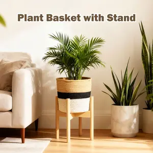 Plant Basket with Stand, Indoor Woven Basket with Bamboo Wood Stand Round Boho Planter Pot Holder Rustic Baskets for Plants and Home Decor