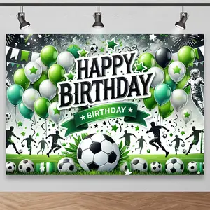 Soccer Themed Birthday Party Photo Backdrop with Football and Banner, Fun Sports Birthday Scene, Perfect for Football Theme Celebrations, Photographic Scenery Decoration, Polyester Material