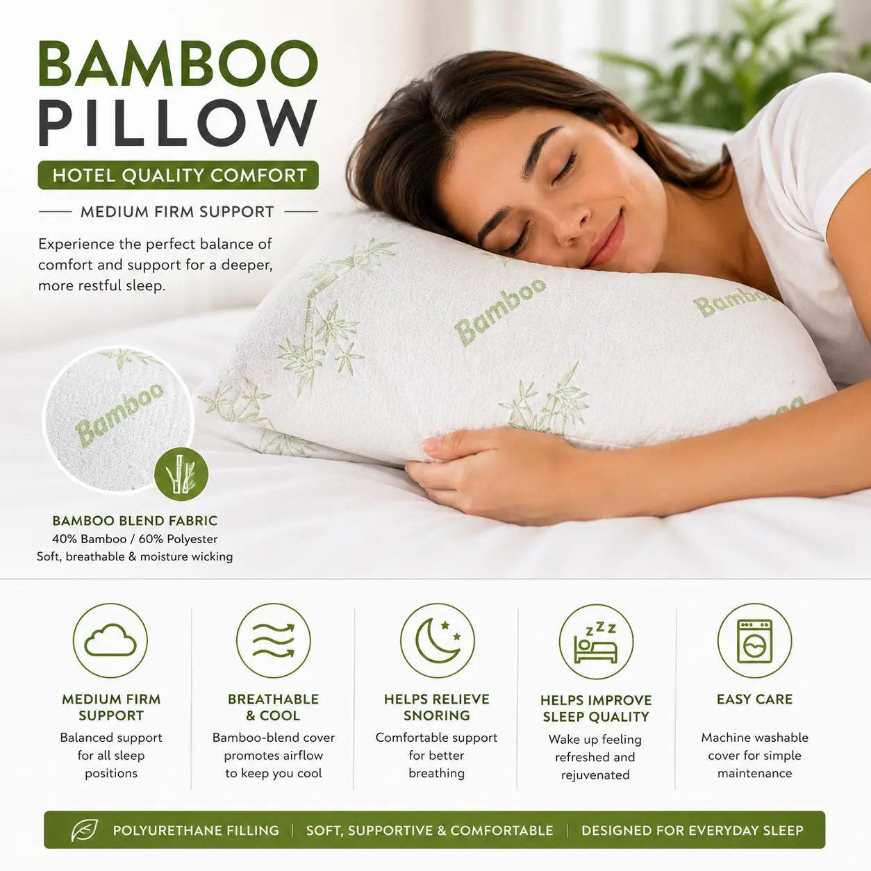Queen Size Premium Bamboo Pillow – Hotel Quality Medium Firm Cooling & Breathable Sleep Pillow