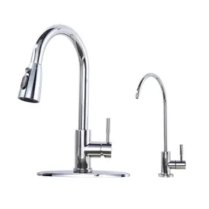 WOWOW Single-Handle High Arc Pull Out Pull Down Sprayer Kitchen Faucet with Durable Steel Polished Chrome Finish and Integrated Drinking Water Faucet, High Arc Faucet