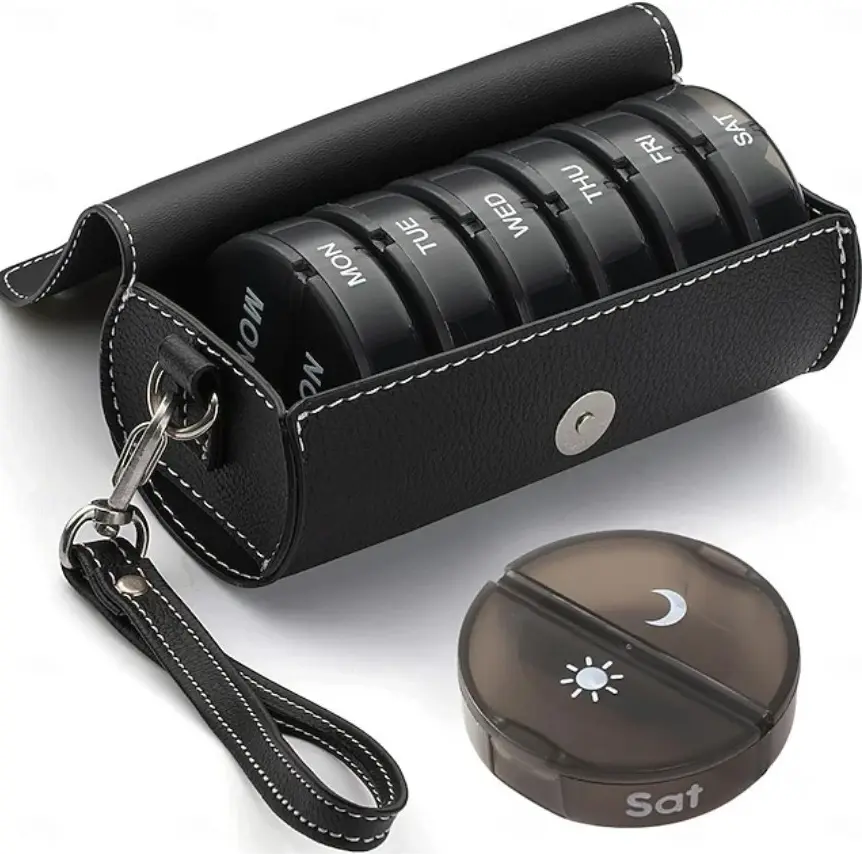 Weekly Pill Organizer AM/PM 7-Day Travel Case with PU Leather Portable Box