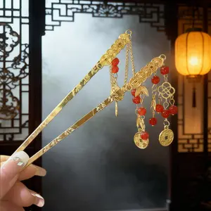 Oriental Dark Mysterious Aesthetics Copper Coin Hairpin Set 4PCS Red Feng Shui Hair Claw Clip for New Year Christmas & Halloween Elegant Accessory Chains banana clip hair