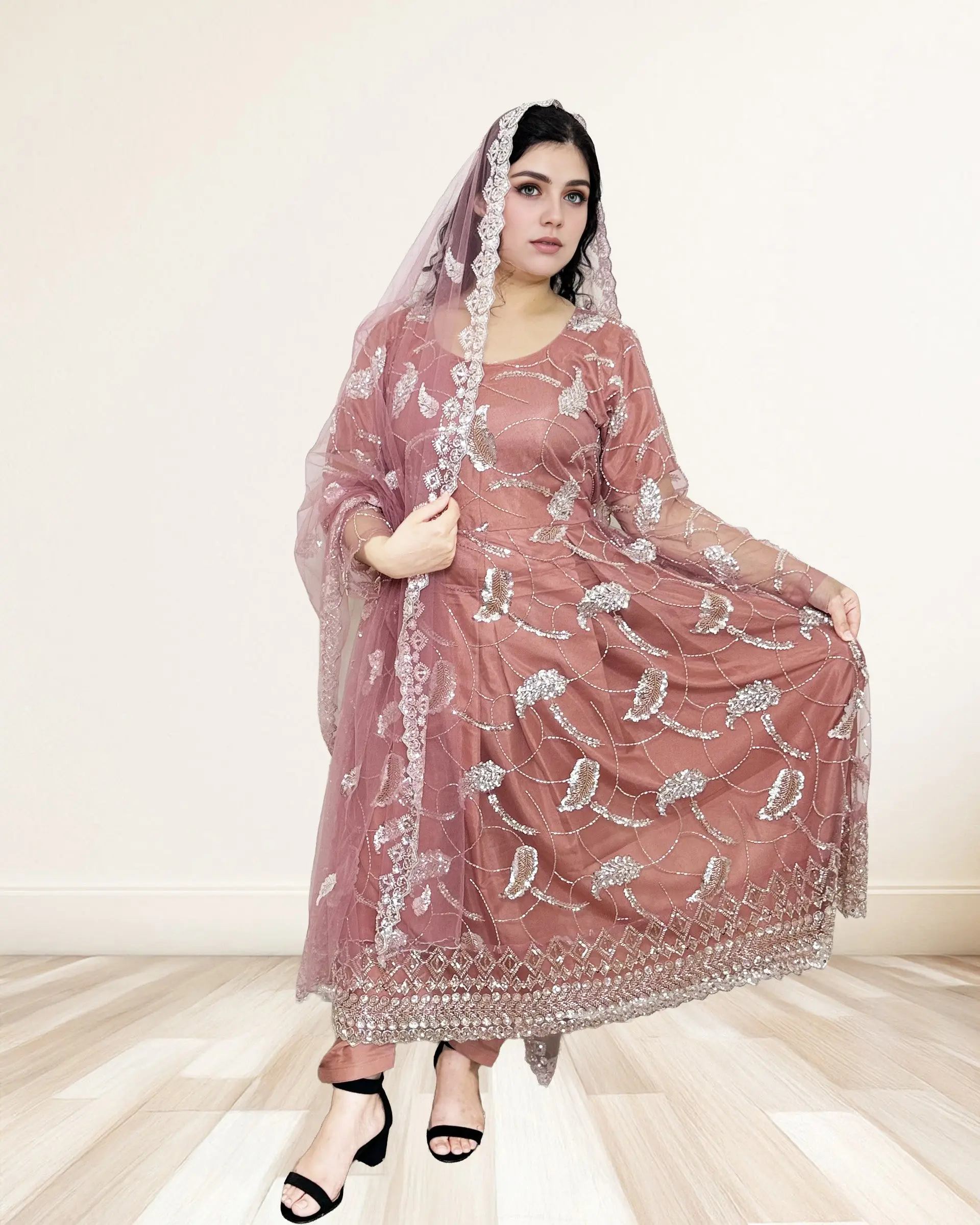 Women's Dusty Rose Georgette Anarkali Wedding & Party Dress - Silver Leaf Sequin Embroidered, Lightweight Sheer, Matching Net Dupatta, Feminine Satin Lining