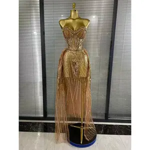 Hailey Sexy Strapless Mesh Crystal See-Through Maxi Dress