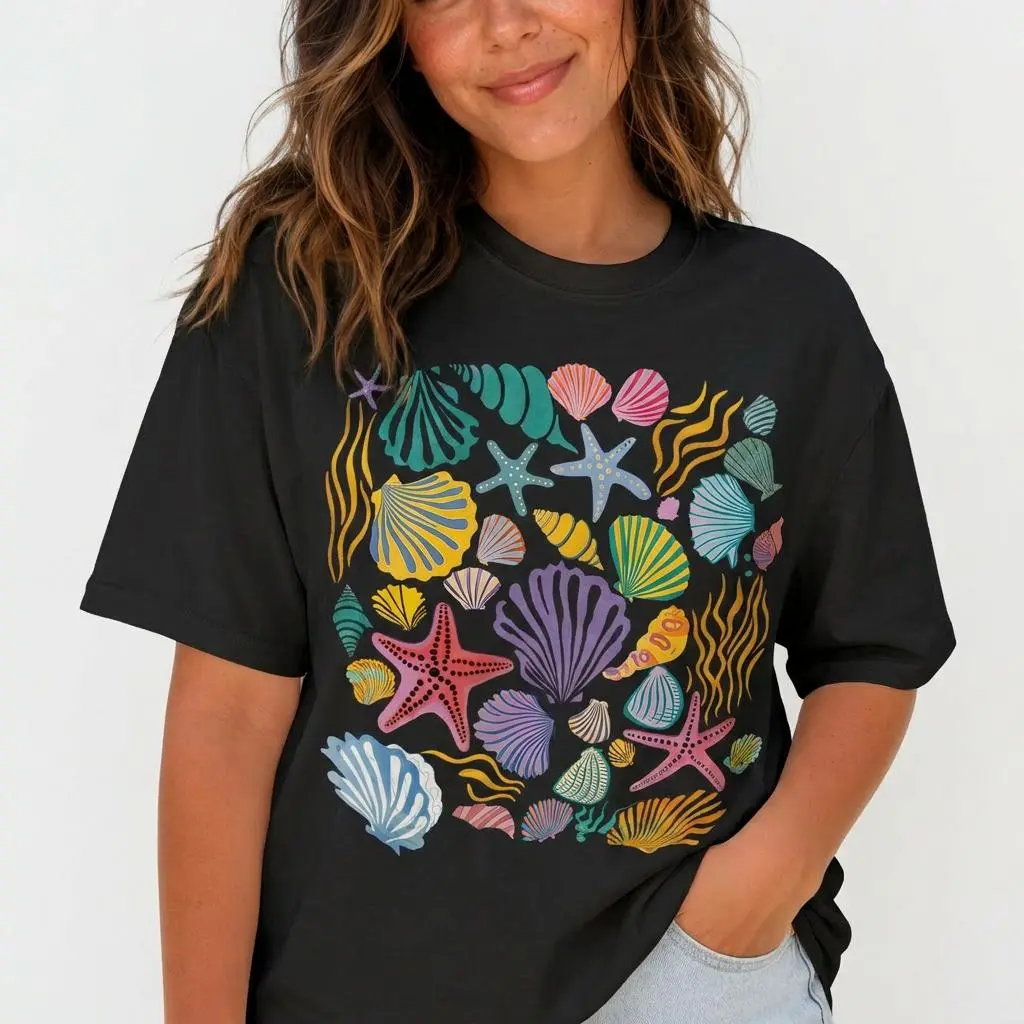 Colorful Seashell Graphic Tee Women Summer Beach Vacation Shirt Plus Size