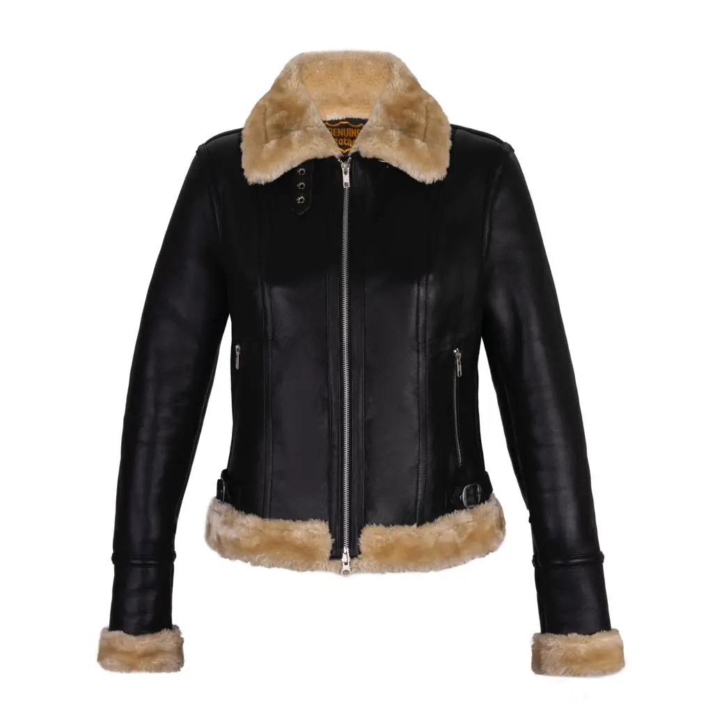 Womens B3 Bomber Coat RAF Aviator Black Shearling Leather Jacket