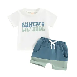 AUNTIES LIL DUDE Toddler Baby Boys Summer Clothes Short Sleeve Letter Print Shirt Tops Drawstring Shorts Set 2pcs Set