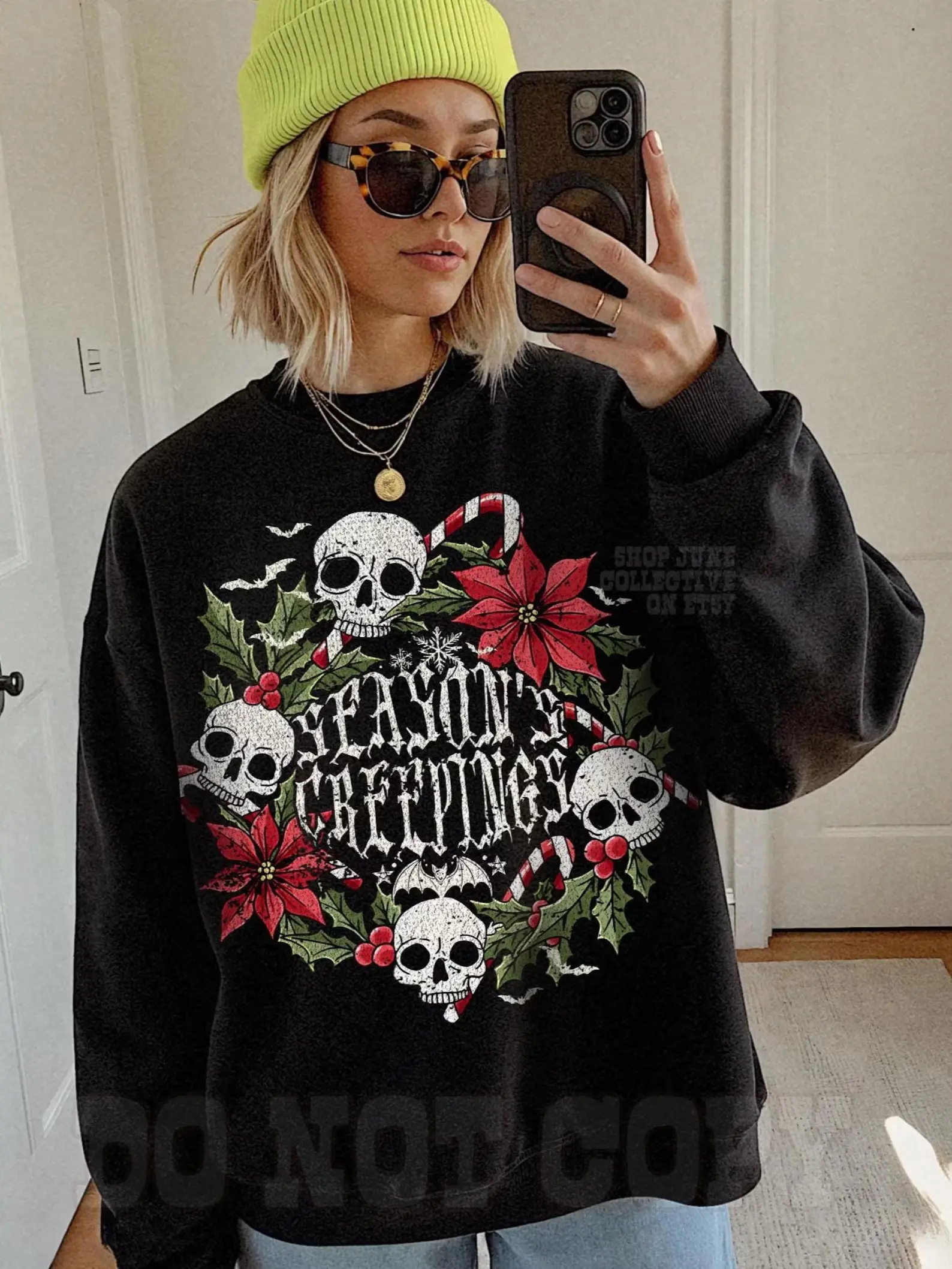 Gothic Christmas Crewneck Seasons Creepings Sweatshirt/Shirt, Whimsigoth Christmas Shirt Scary Creepy Christmas Bats Skulls Wreath Dark [Tshirt - Sweatshirt - Hoodie]