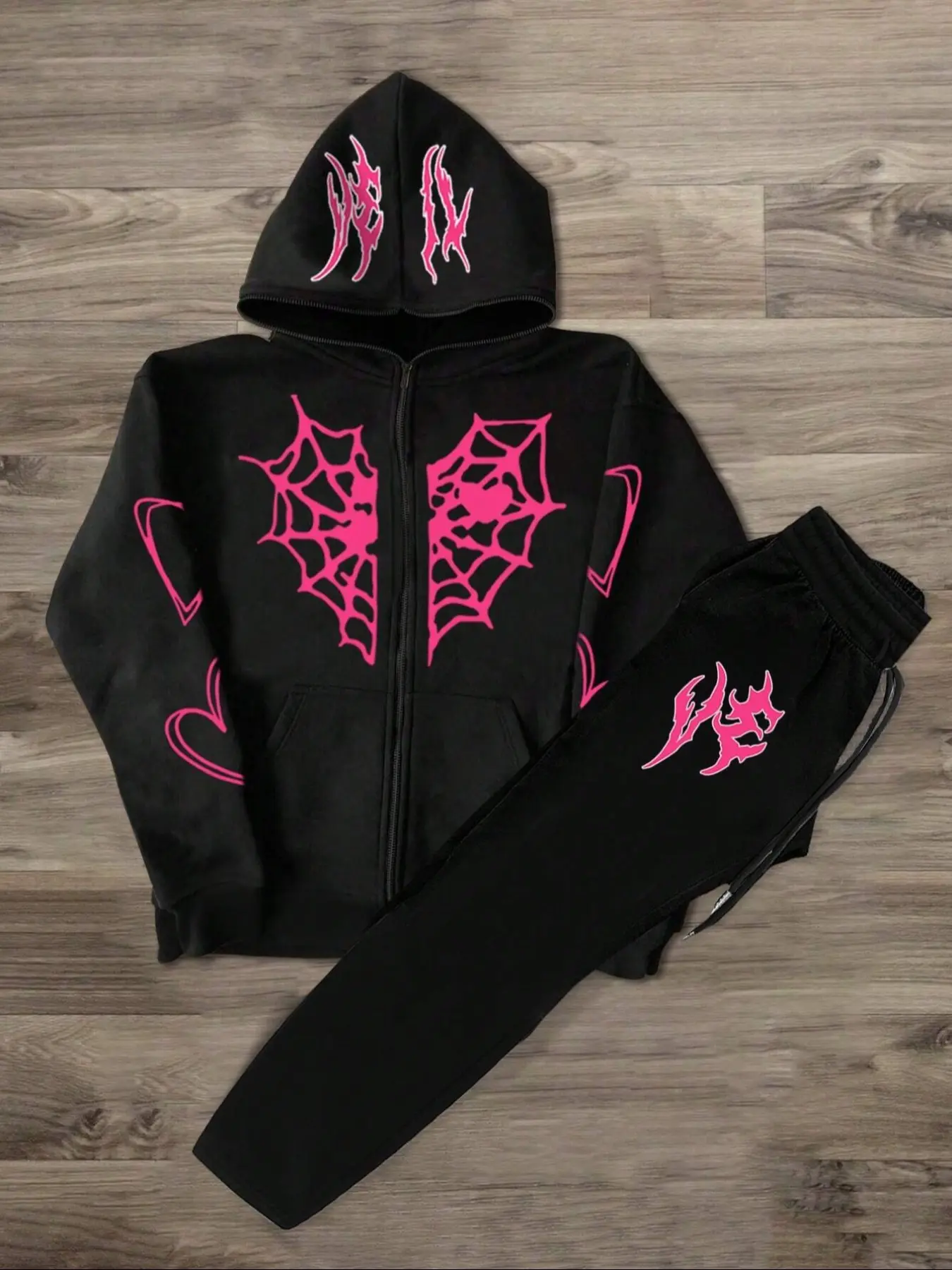 Men's Fashion Spider Web & Heart Cartoon Print Fitted Knit Hoodie Set, Zip-Up Drawstring Hooded Sweatshirt & Pants, Casual Fall Winter Outfit