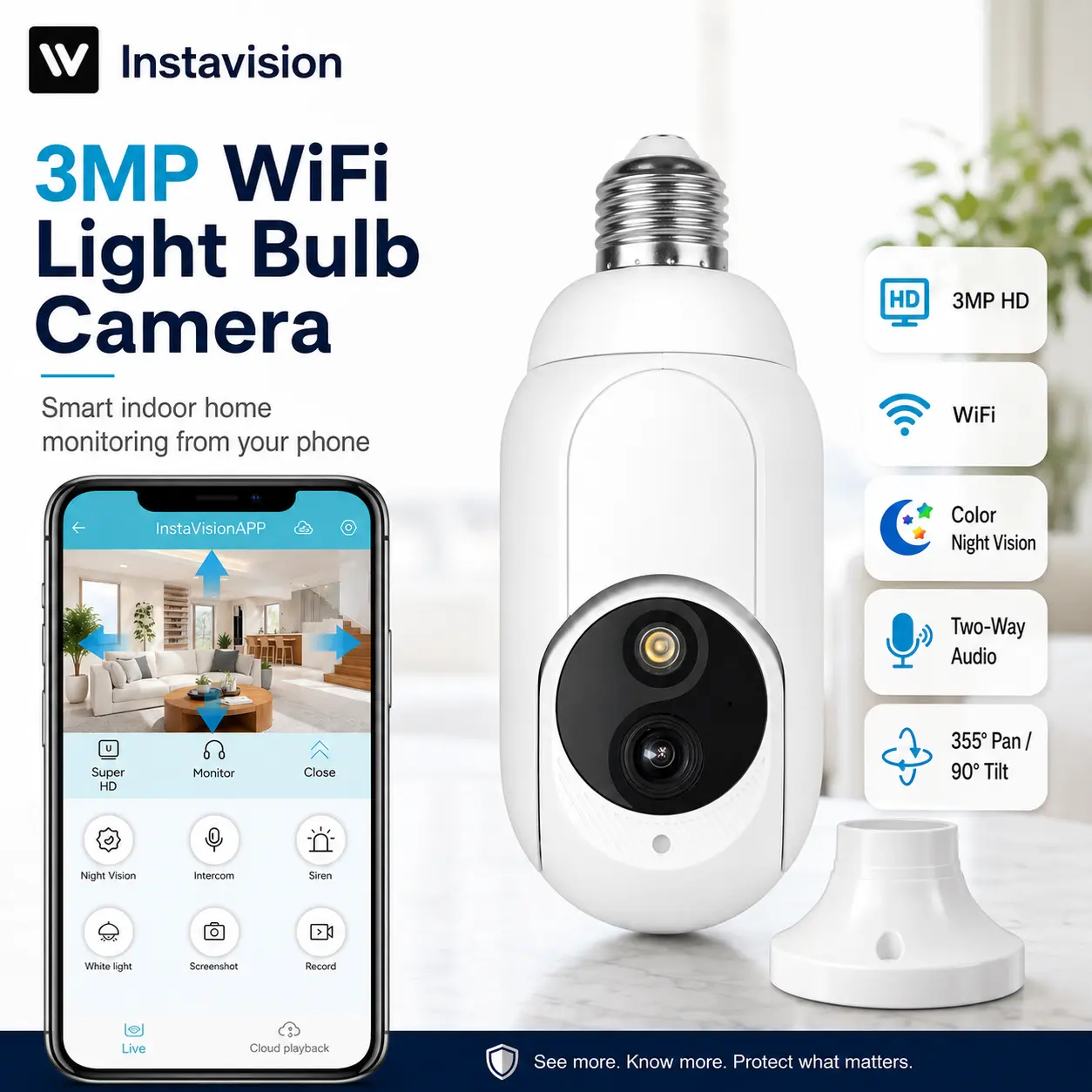 3MP WiFi Light Bulb Security Camera, Indoor Home Camera with Color Night Vision, AI Human Detection, Motion Tracking, Two-Way Audio, 2.4GHz WiFi, E27 Bulb Socket, microSD/Cloud Storage