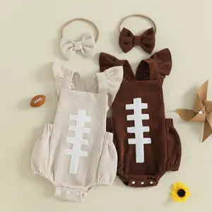 Infant Baby Girl Ruffle Sleeveless Football Embroidery Romper with Headband Outfits Set