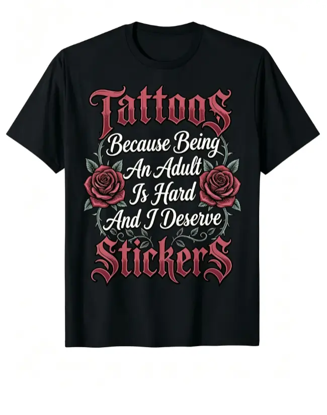 Men's Retro Round Neck Cotton Short Sleeve T-Shirt - Funny Tattoo Meme Tops, Casual Classic Garment, Machine-Washable Adult Tee for Parties & Everyday Outfits ("It's really hard to get a tattoo when you're an adult"), Jeans