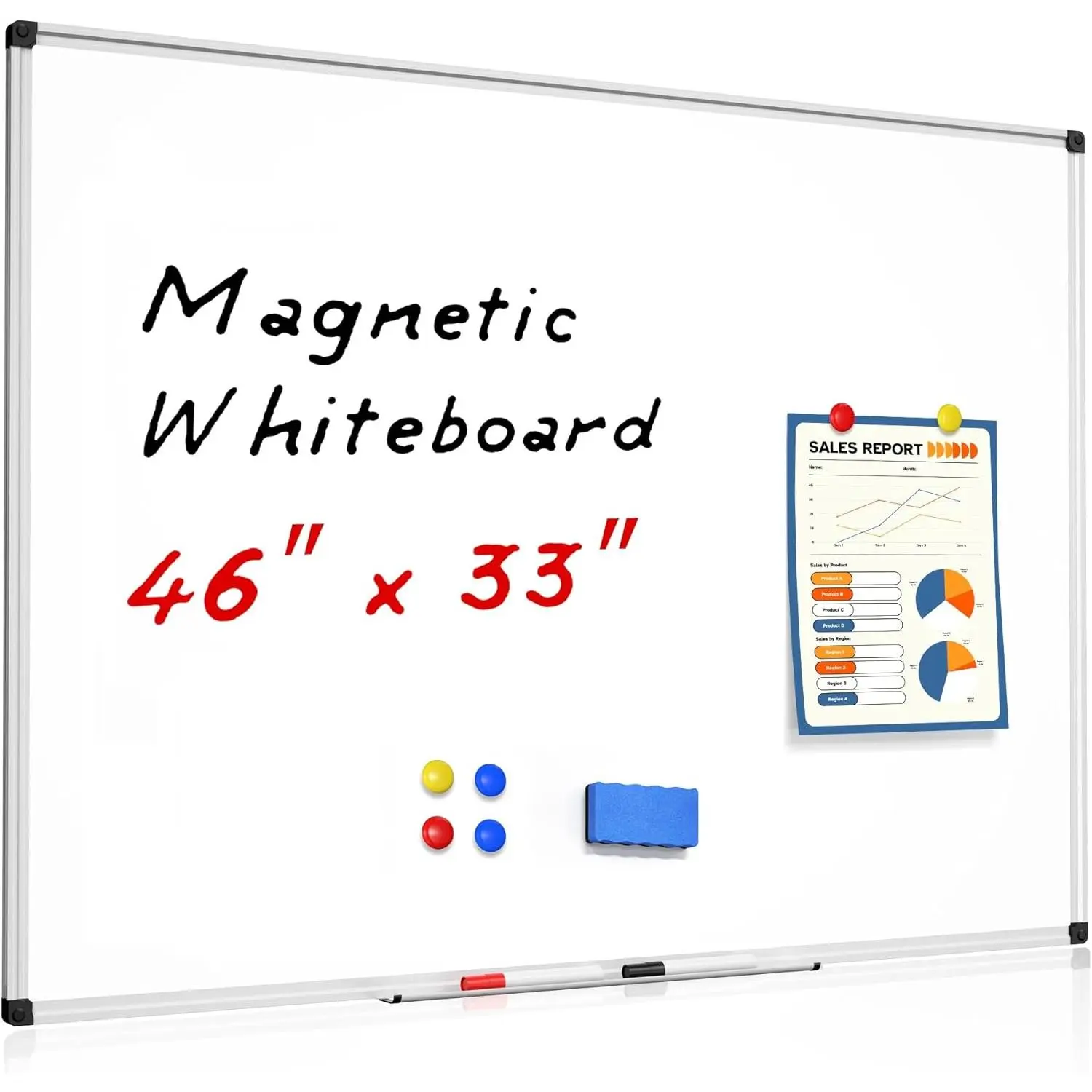 Dry Erase White Board - 46 x 33 Inch Whiteboard for Wall - 4 x 3 Large Wall-Mounted Board with   Frame, 1  Eraser, 2 Pens, 1 Detachable Marker Tray, 6