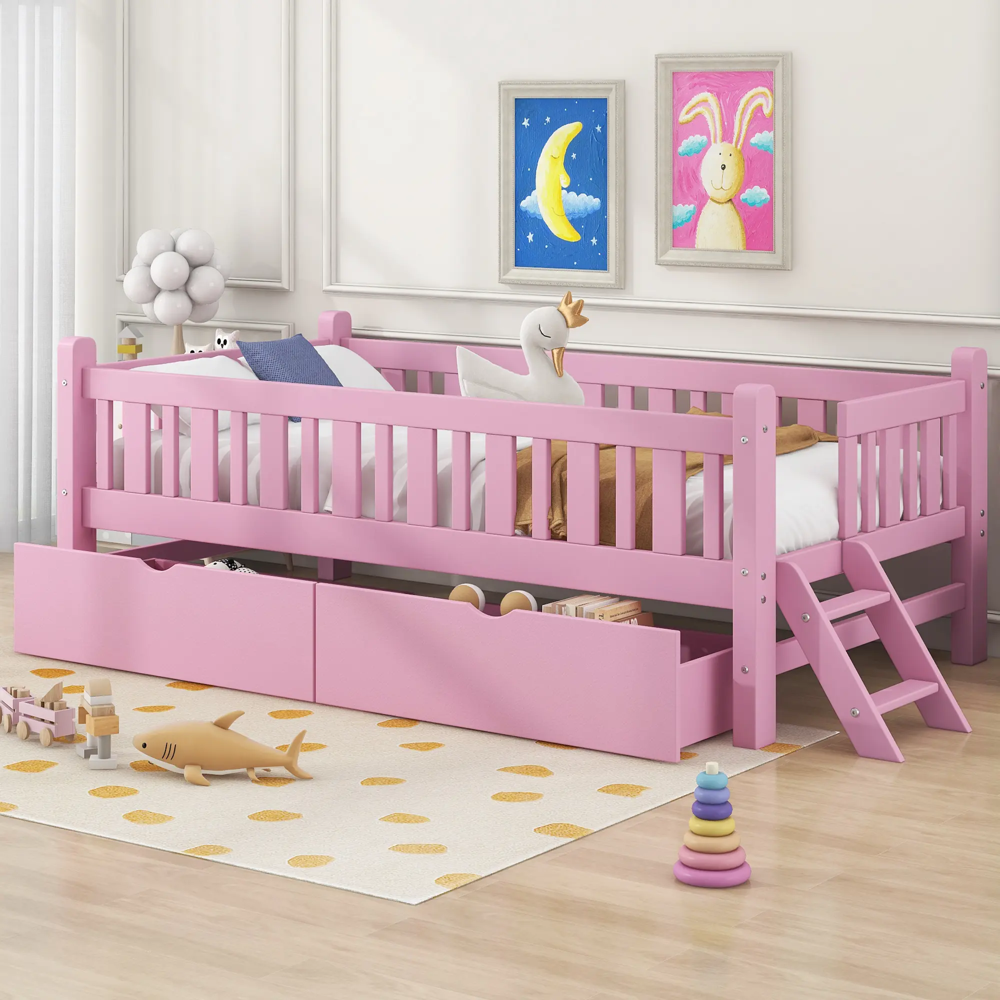 Bellemave Wooden Double-Layer Platform Bed - Natural Solid Pine & MDF Build, Sturdy Structure, 2 Drawers, Guardrails, Easy Assembly, Safe Sleep Preschool Bed, Safe Sleep Bed