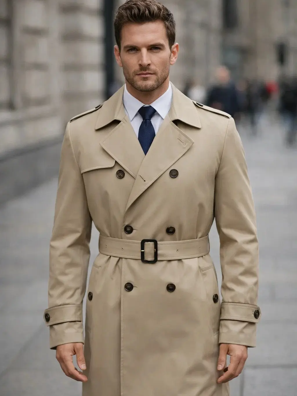 Men's Slim Fit Double Breasted Trench Coat with Belt Military Overcoat Wool Fabric Mid Length Notched Lapel Two Welt Waist Pockets