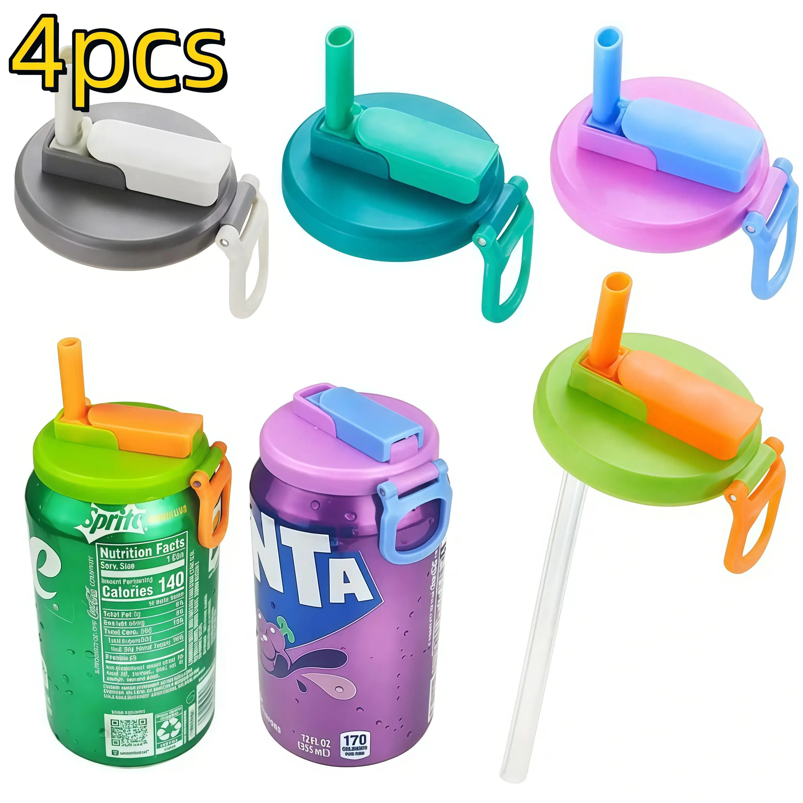 4pcs reusable soda can lids with straws, leak proof reusable cup lids, ideal for family travel and outdoor use, practical beverage accessories, drinking water tools, beverage protectors, suitable for outdoor, travel, and sports