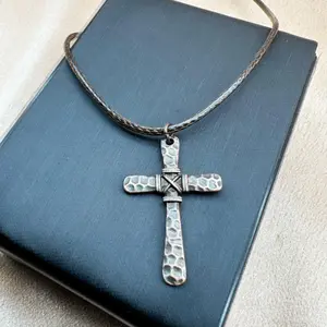 Vintage Hammered Copper Cross Necklace with Wire Wrapping - Unisex Christian Jewelry