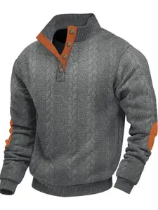 Men's Thick Knit Pullover Sweater, Textured Elbow Patch Design, Casual Classic Fitted Long Sleeve Henley Shirt for Fall & Winter, Knitwear