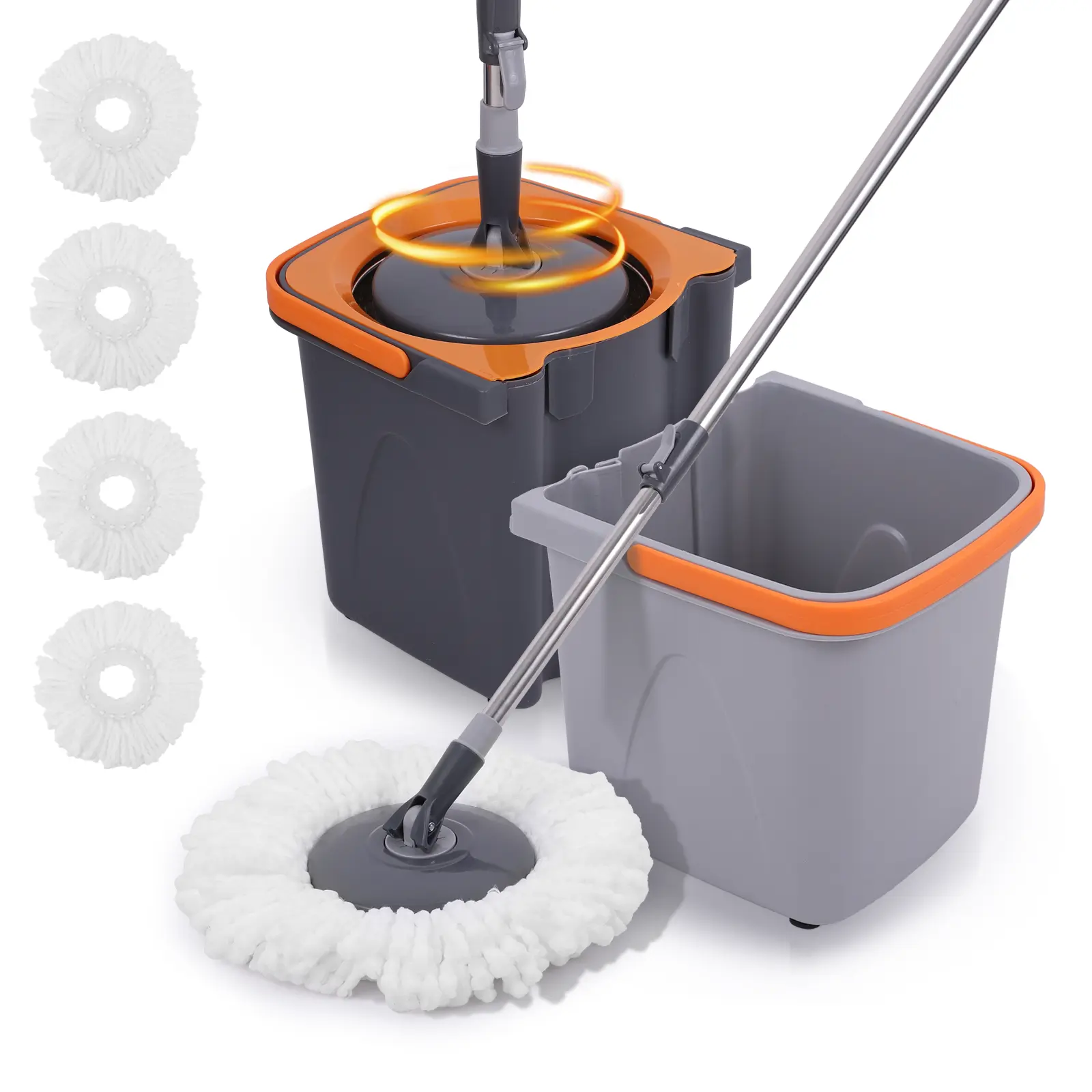 Ultra-Fine Fiber Rotating Mop and Bucket Set - Easy Press Water Extractor, Removable Bucket, 4 Replacement Heads, Ideal for Hardwood, Marble Floor Cleaning