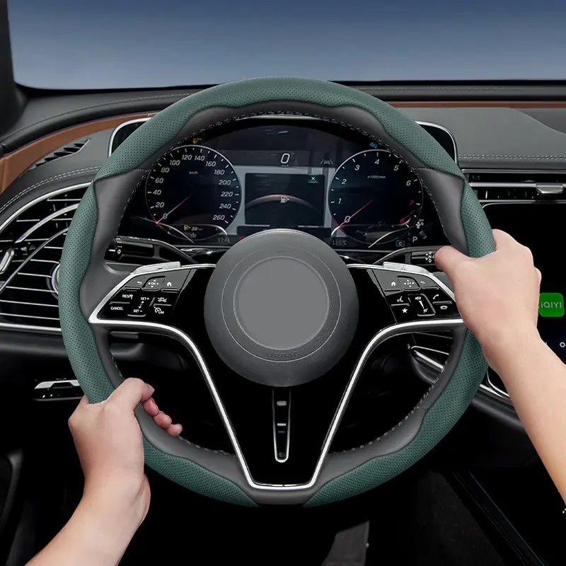 Steering wheel cover for Mercedes-Benz, perforated breathable leather, segmented design, ultra-thin, protects the steering wheel. Fits A/B/C/E/S Class, GLA, GLB, GLC, GLE, GLS, CLA, CLE, CLS, GT, SL, Vito, EQA, EQB, EQE, EQS, MAYBACH, Interior