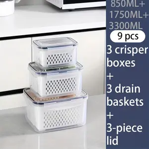 9 Piece Plastic Food Storage Container Set with Drain Basket and Lids, Produce Storage Containers, Crisper Boxes, Leakproof, Refrigerator Safe, Reusable Kitchen Organizer
