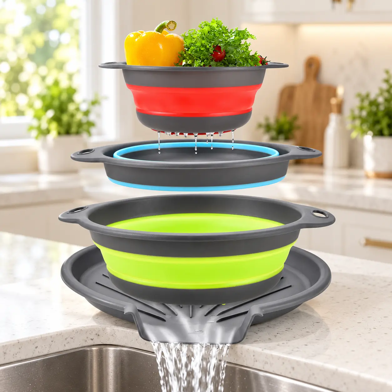 KINDOO Collapsible Colander Set with Oversized Draining Tray | 3-Pack Foldable Kitchen Strainers + Base | Space Saving for Pasta, Veggies, Fruit & Rice |  (Gray-White)