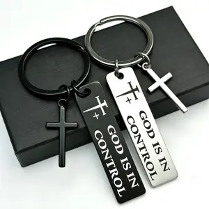 "God Is In Control" Christian Cross Keychain - Engraved Stainless Steel Religious Faith Gift for Men Women