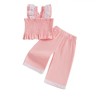 Toddler Girl Summer Outfits Lace Trim Smocked Sleeveless Tank Tops with Elastic Waist Long Pants 2 Pcs Set