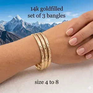 14K Gold Filled Set of 3 Bangles 6.5mm Width All Ages Anti Tarnish Guarantee Elegant Jewelry Diamond Cut Handcrafted