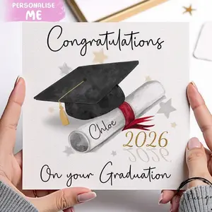 Personalised Congratulations Graduation Card with Cap & Scroll Custom Ribbon Colour