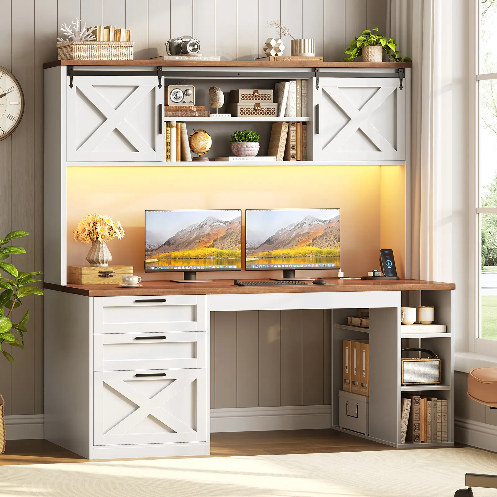 SEDETA 55.1" Farmhouse Office Desk with Hutch & 3 Drawers | Executive Computer Desk with Storage Cabinet and Shelves, Home Office Desk with power outlet & LED Lights