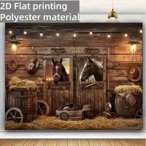 [Photography backdrop] 2D Flat, 1pc Western Cowboy Barn Door Style Photography Backdrop - Rustic Wood Grain Design with Horse Silhouette, Brown Wooden Plank Background for Farmhouse Themed Parties, Party Decoration
