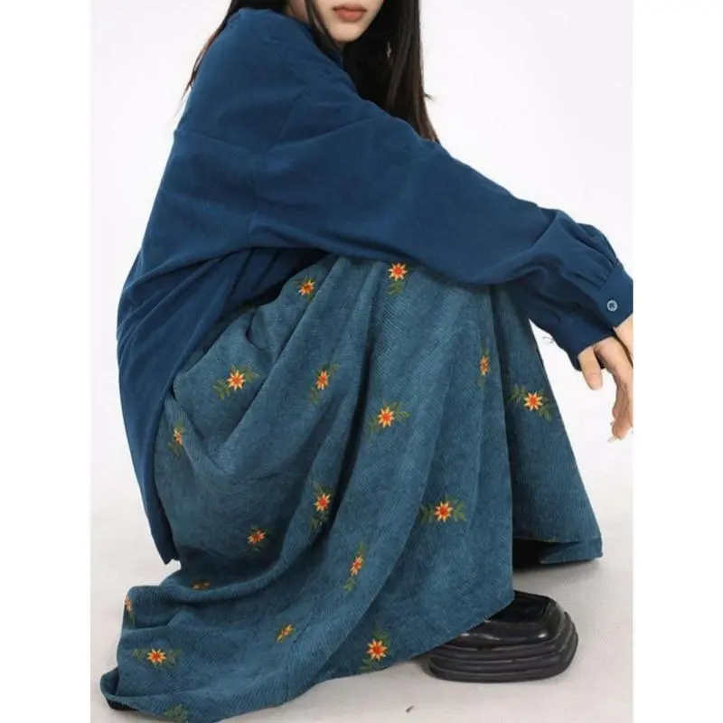 Women's Plus Size Retro A-Line Corduroy Maxi Skirt - Embroidered Floral, Elegance, 3XL, Casual Wear, Autumn-Winter Comfortable Sports & Outdoor Skirt, Multi-Size