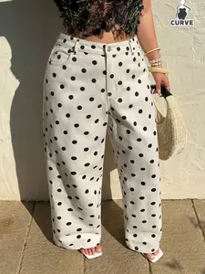 Women's Plus Size Non-Elastic Straight Leg Casual Fashion Polka Dot Jeans, Four Seasons Versatile Long Pants, Stylish and Comfortable