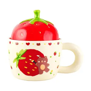 Golden Lion Strawberry Bear Mug with Red Lid - 320ml Cute Cartoon Cup for Coffee, Tea, Hot Chocolate
