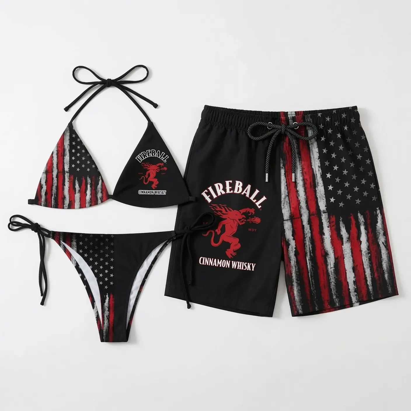 FIREB@LL CINAM0N WHISKY Matching Couple Swimwear Set, Black Red American Flag String Bikini and Hawaiian Shorts, His and Hers Beach Vacation Outfit Gift