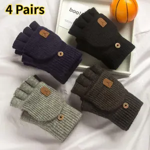 4-Pair Knitted Fingerless Gloves Winter Thicken Warm Touch Screen Gloves for Men Women Gloves Warm Half Finger Student Gloves