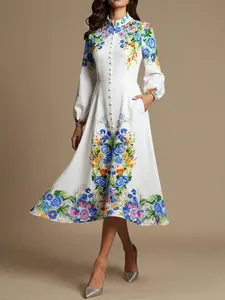 Leaf Pattern Floral Print Elegant Chic Party Woven Fabric Front Button Dress, Formal Evening Gown for Spring Summer, Short Sleeve