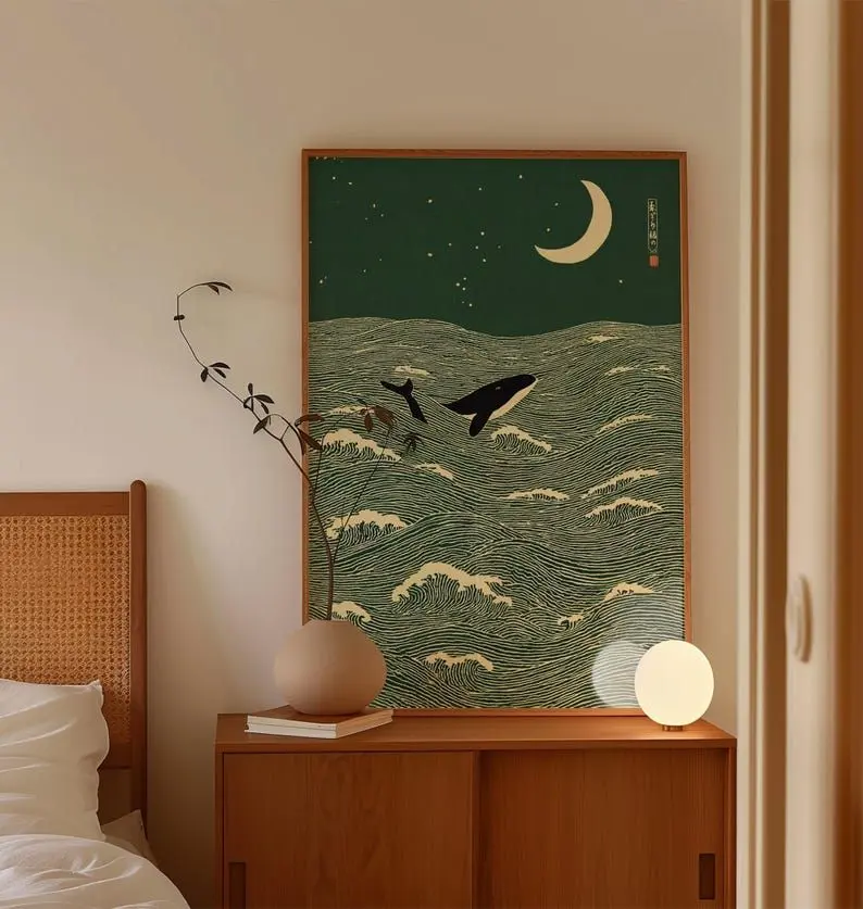 [No Frame] Orca Whale Print in Japanese Woodblock Lino Style Green Cream Poster