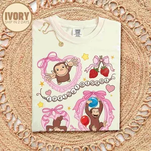 Coquette Bow Curious George Shirt, Stay Curious, Nostalgic Cartoon Tee, Travel & Learning Gift, Curious George Birthday Shirt EXWFY