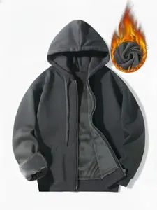 Unisex Long Sleeve Hooded SilkyPlush Fleece Lined Thick Jacket, Autumn Winter Casual Zipper Hoodie, Outdoor Activity Coat, Warm Daily Wear& Sportswear
