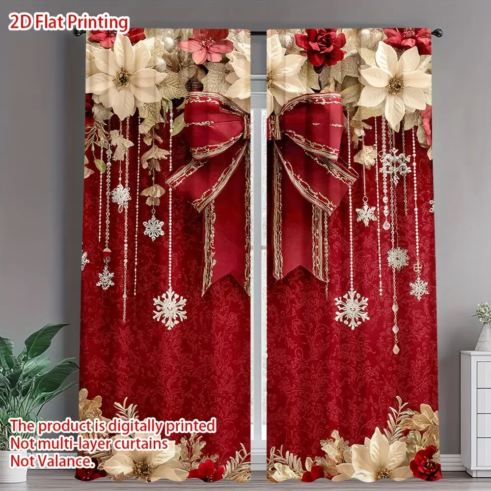 2-Piece set, 2D flat, Christmas decorative curtains, Window curtain, Christmas bows and white floral festive style, pole bag design, suitable for living room, bedroom, coffee shop, kitchen, holiday home decoration, room decoration