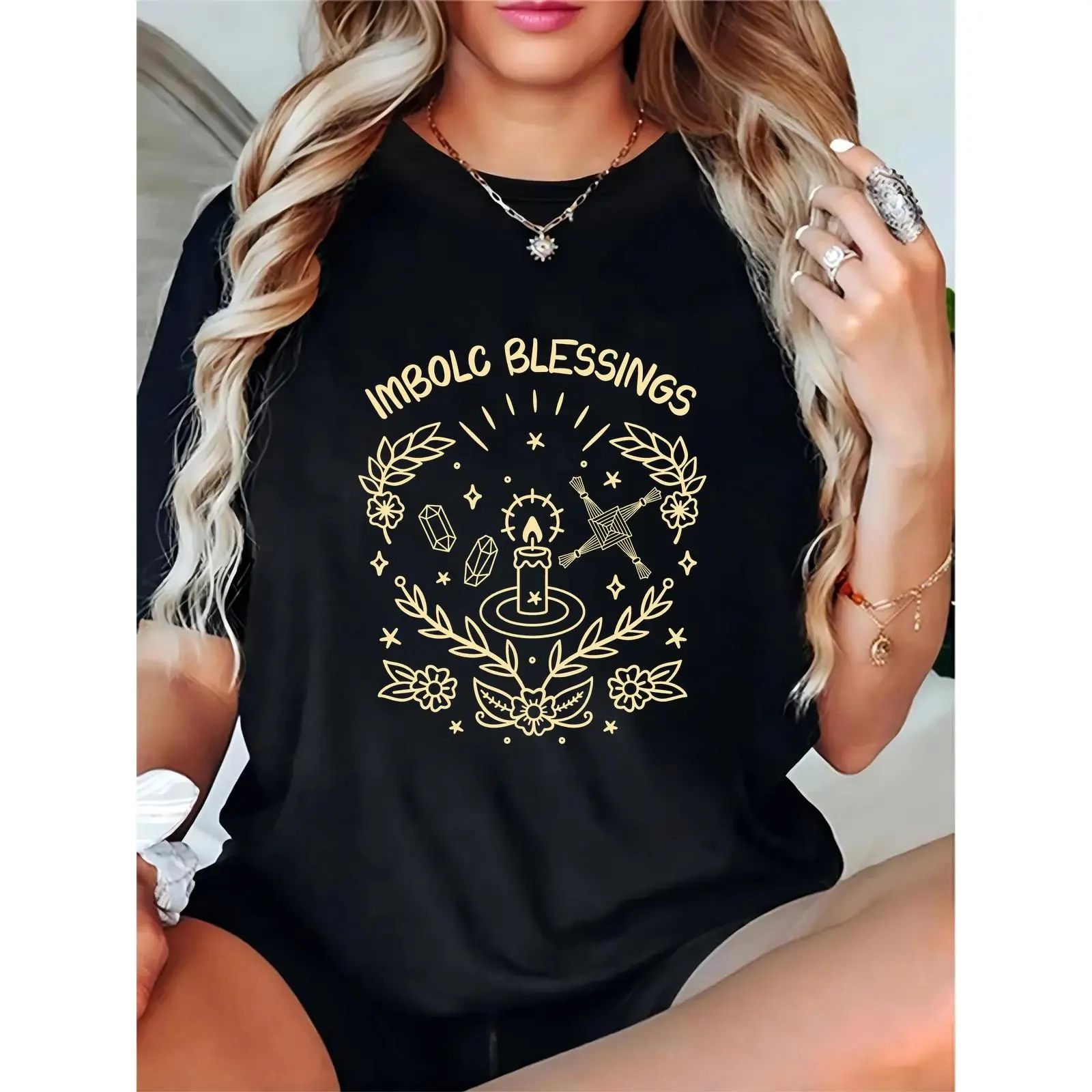 Ladies' Imbolc Blessings Short-Sleeve T-Shirt - Comfortable, Feminine, Well-Fit Witchy Pagan Festival Tee with Candle, Crystal, Floral, Star Prints - Casual Streetwear for Imbolc Celebrations, Skirt Pairing