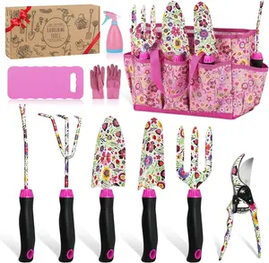 Housolution Gardening Tools Set, 10 PCS Stainless Steel Heavy-Duty with Non-slip Soft Rubber Handle with Large Garden Bag, Floral Pattern Gardening Tool Set Gifts for Women Birthday Mother's Day, Pink